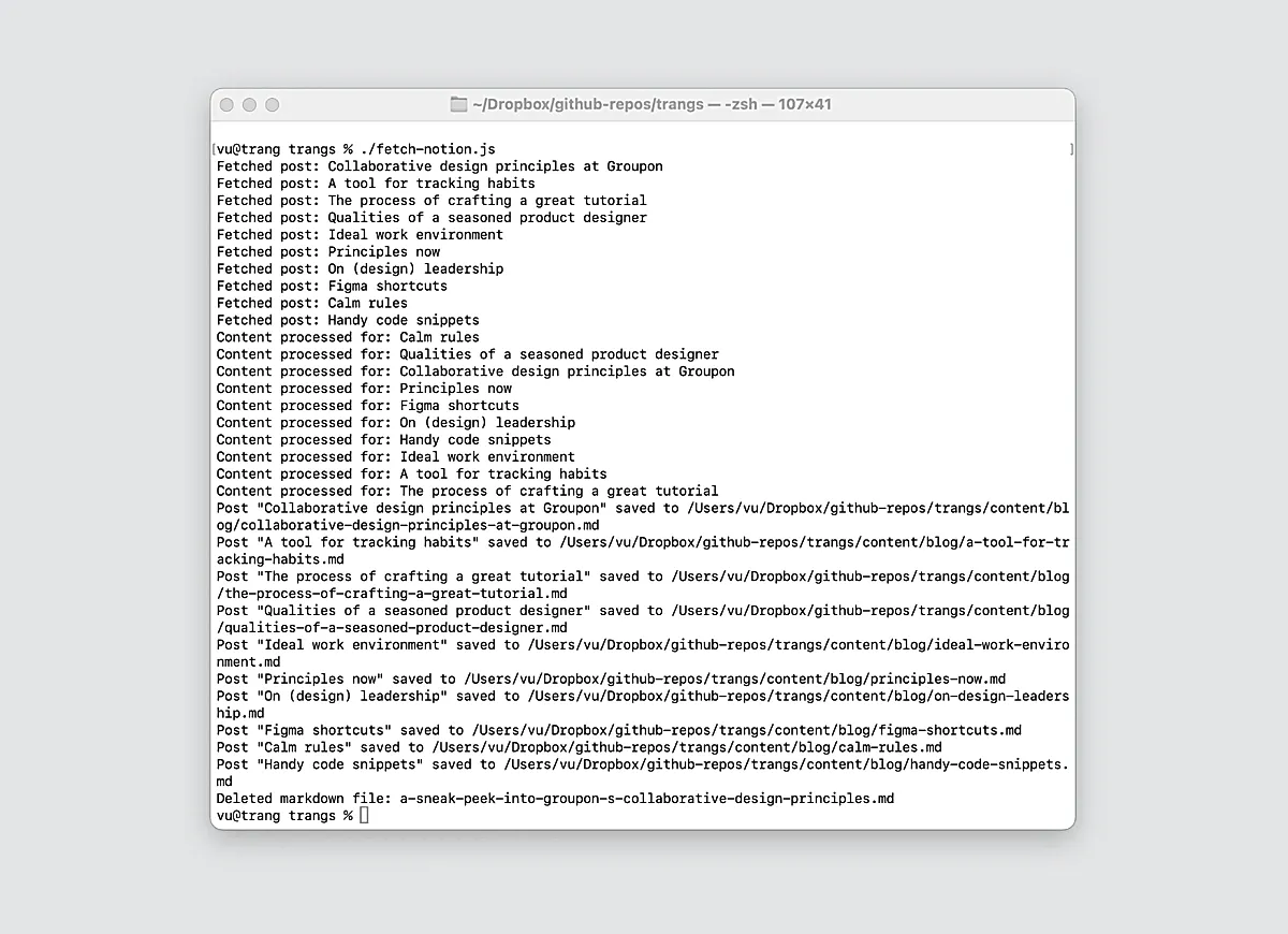 Output from the script that fetches the content