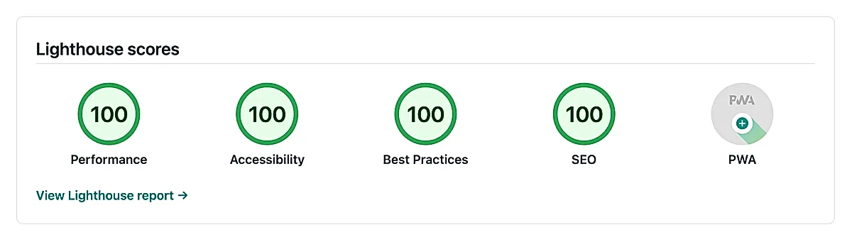 Lighthouse scores with 100 for performance, accessibility, best practices and SEO