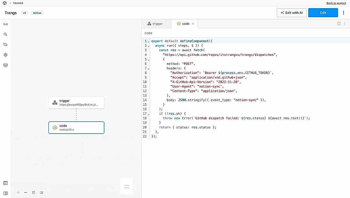 The Pipedream workflow works as a tiny communication bridge between Notion and Github