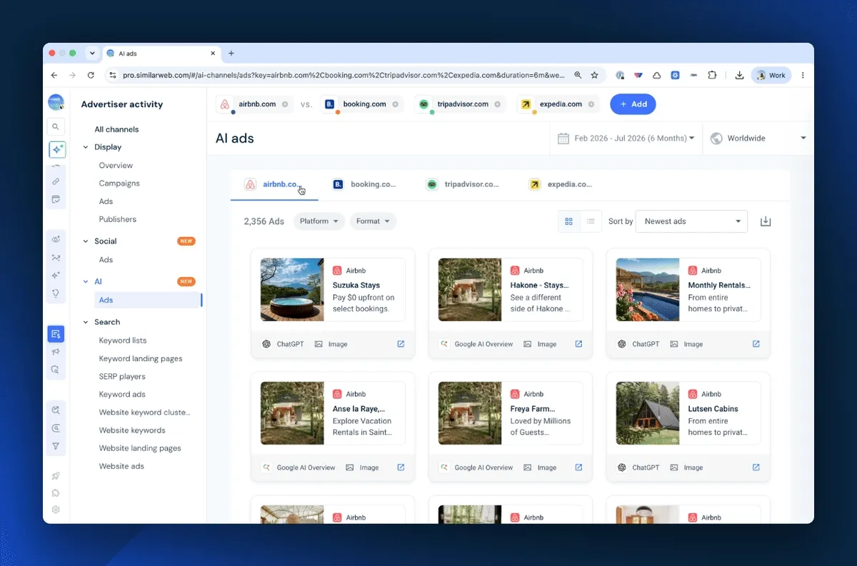 AI Ads gallery with the option to filter out ChatGPT, Google AI Overview and/or AI Mode. 