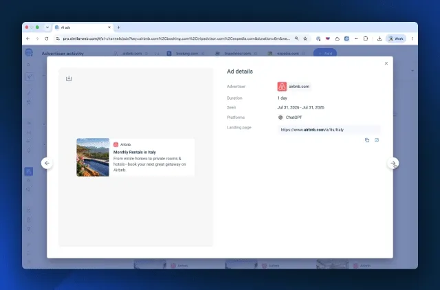 AI Ad detail with an option to click and open the landing page in another tab
